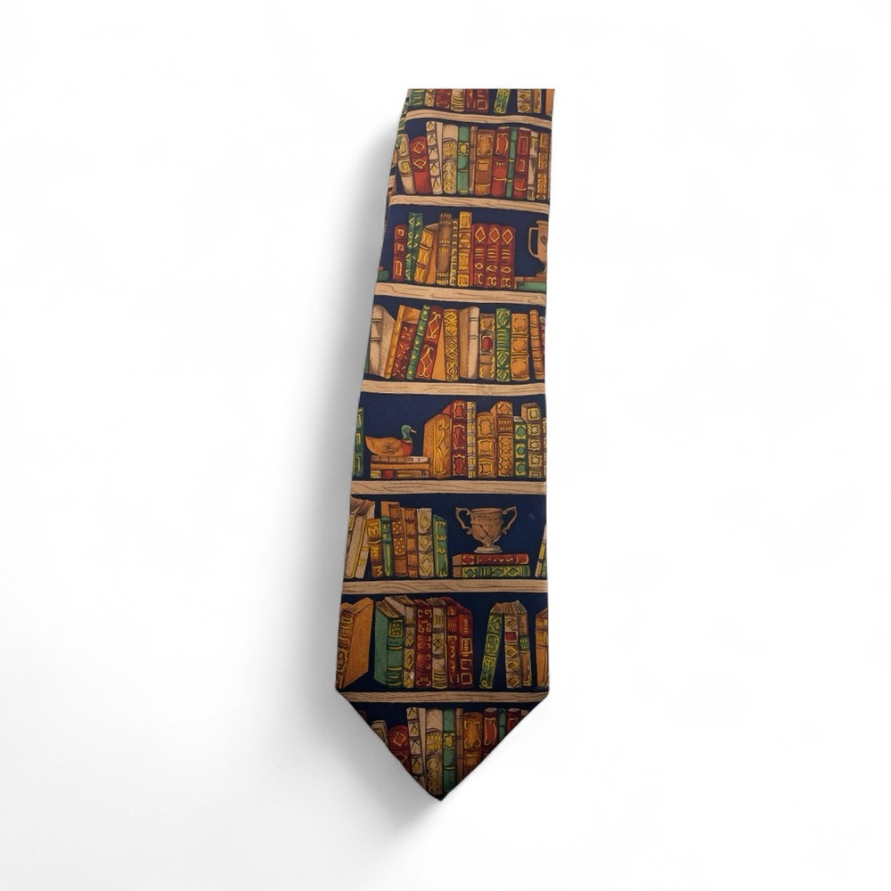 Stylish Book-Themed Tie in Blue and Gold vintage